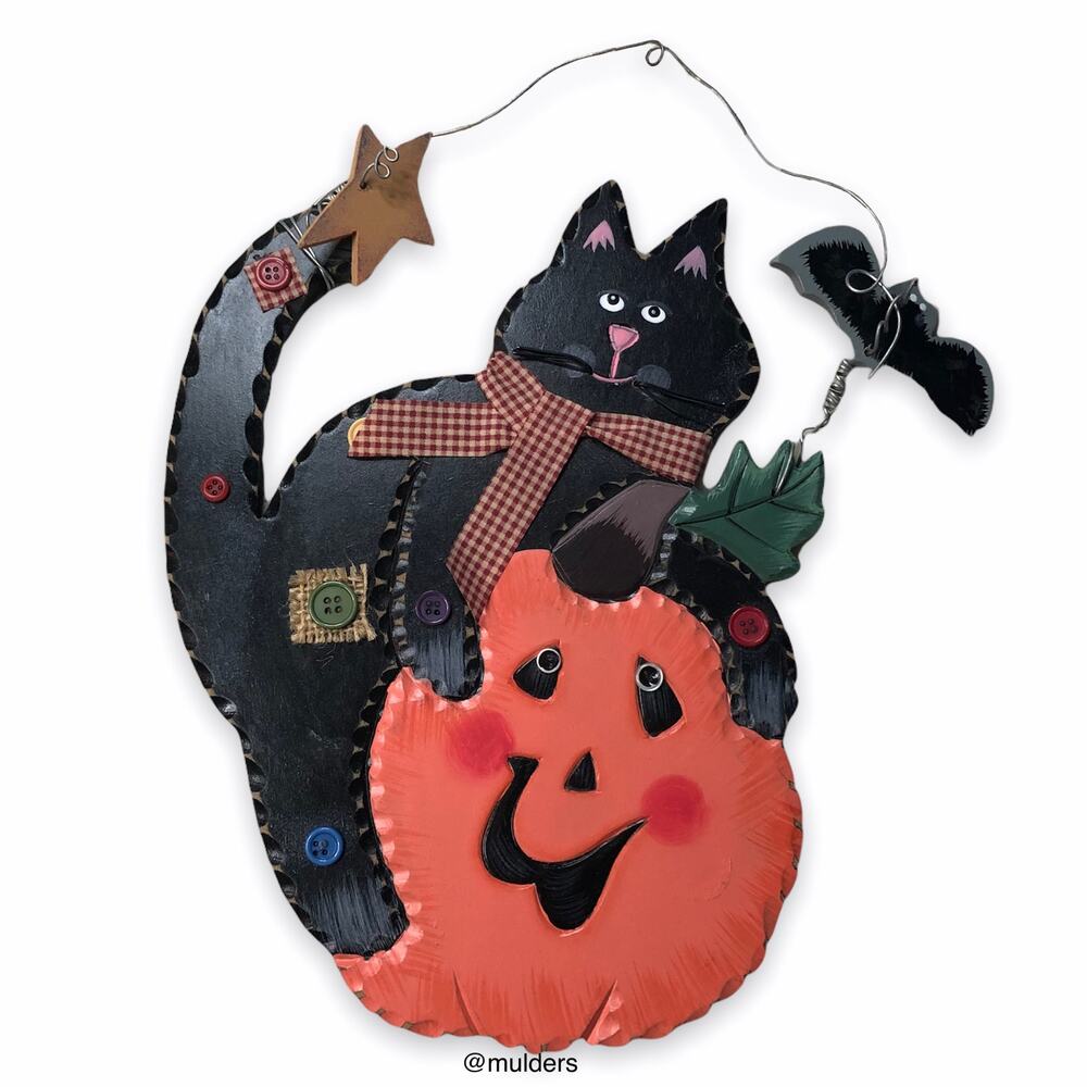 Halloween Holiday Seasonal Black Kitty Cat Kitten & Jack-O-Lantern Pumpkin Sign